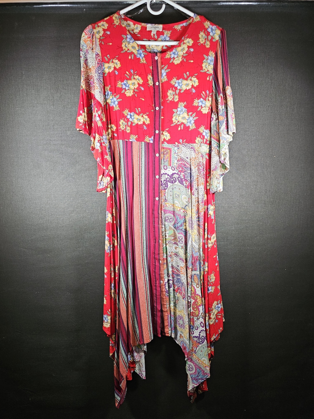 Umgee Red Floral Patchwork Asymmetrical Button-Front Dress